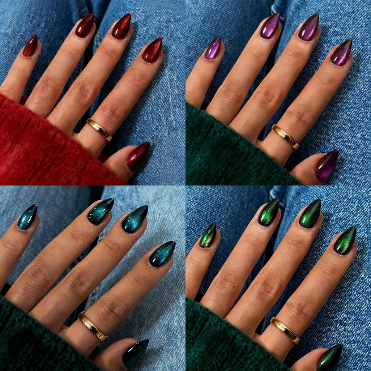 KQueenest 4 Packs Gel Press On Nails Short Almond, Cat Eye Press On Nails Short Stiletto, Dark Chrome Fake Nails Press Ons, Shiny Glitter Black Glue on Nails for Women Decoration, 96 Pcs Gift Kit