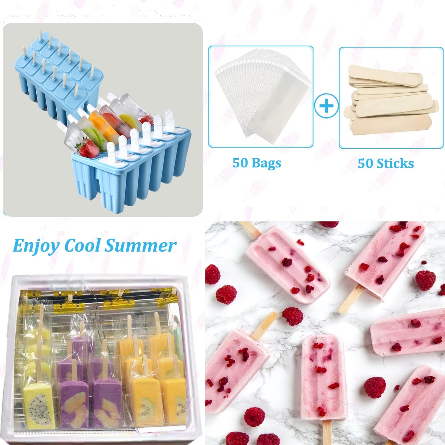 Silicone Popsicle Molds with Sticks Wpunwen 12 Cavity Ice Popsicle MoldsIce Cream Mold with Clean Brush 12 Reusable Sticks 50 Sticks 50 Bags Blue