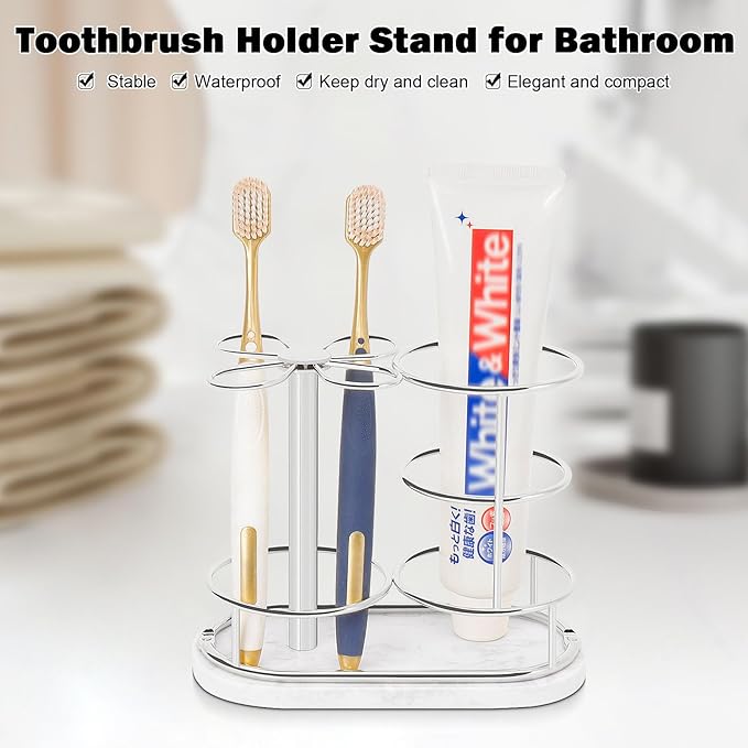HarJue Toothbrush Holder Stand for Bathroom, Metal Toothbrush Organizer with Marble Base, Toothbrush Storage Collection for Family, Suitable for Home Hotel Countertop Vanity (Medium, Chrome Finish)