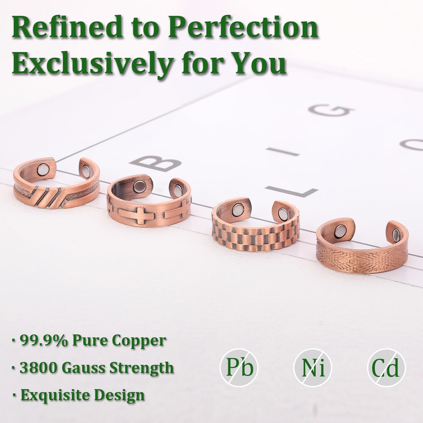 Fashtour 4 Copper Rings for Men, 99.99% Solid Pure Copper, 4pcs 3500 Gauss #9 Rings, Vintage & Cross Pattern Adjustable Cuff Ring