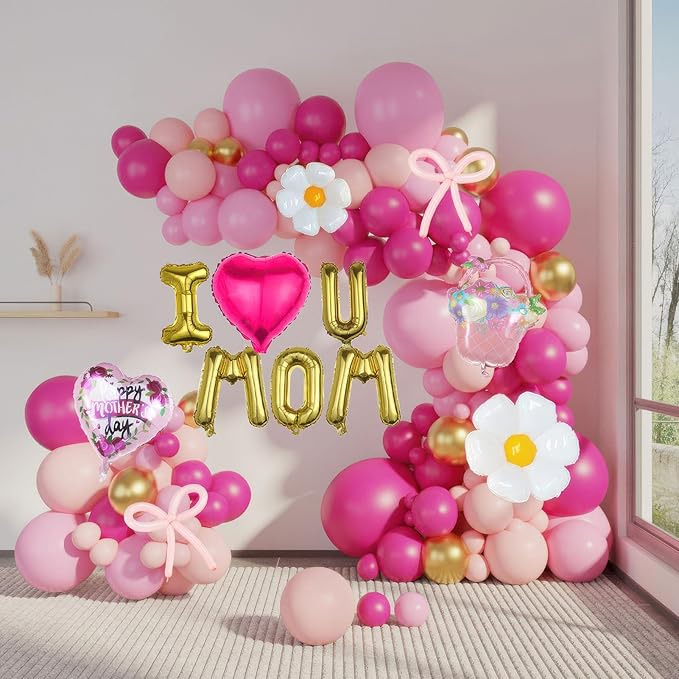 Mothers day Balloon Garland Kit with Pink and Gold Rustic Elegant Party Decorations with Foil Heart Letters Floral Basket Daisy Balloons for Indoor Outdoor Party Supplies