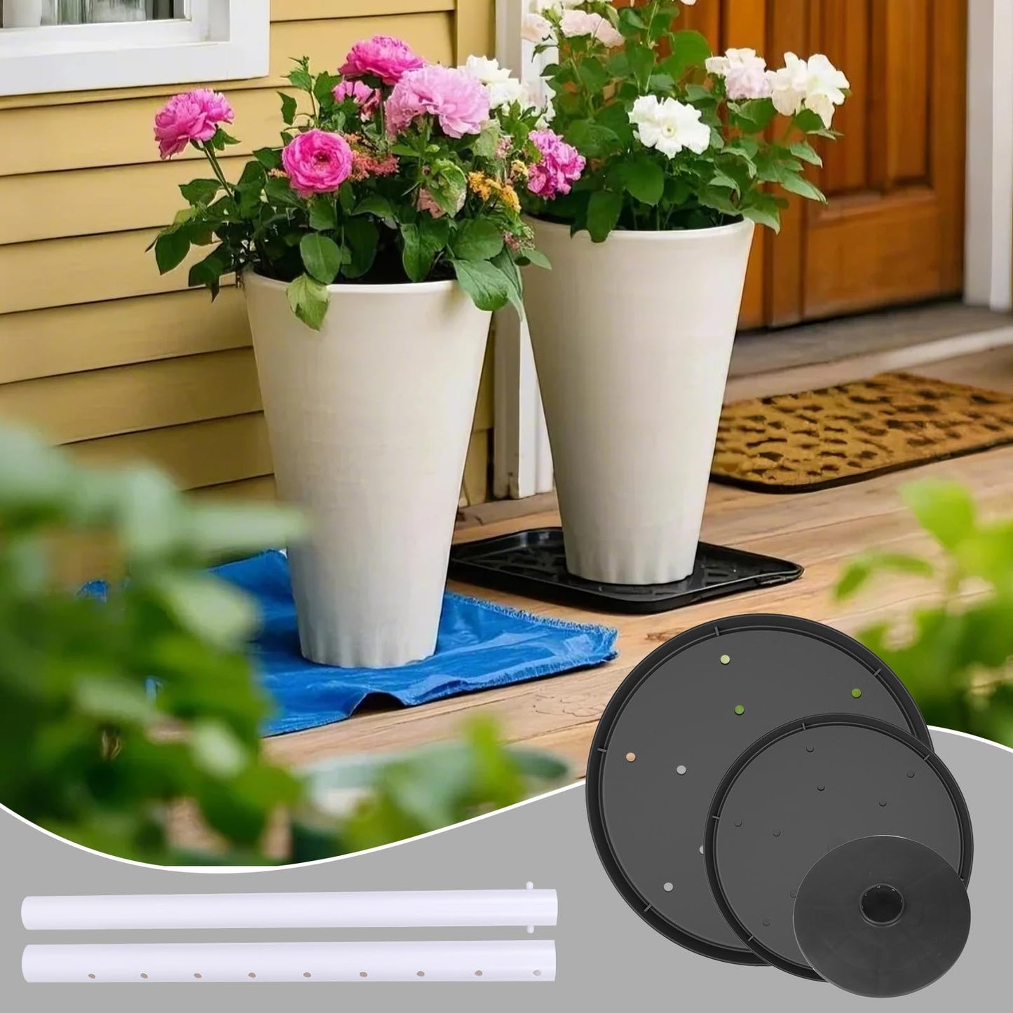 pocezo Adjustable Height Planter Inserts for Large Pots, Portable Planter Filler Plant with 11-17" Rise , 6" Base, 8" or 10" Top (Black, shorts)