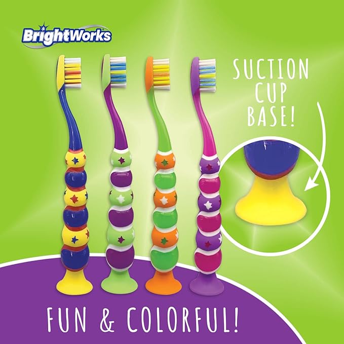 BrightWorks Kids’ Suction Cup Toothbrushes (10-Pack), Soft Bristles, with Bonus Fun Monster Stickers. Children’s Size, Vibrant, Multiple Colors.
