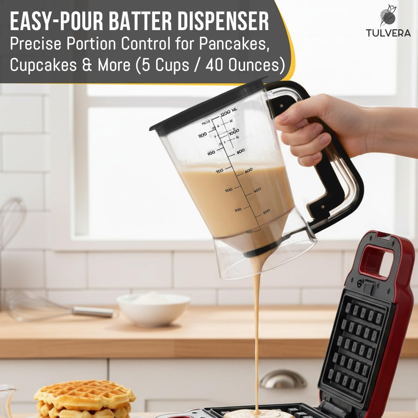 Pancake Batter Dispenser | 5-Cup Mix Pourer for Pancakes, Waffles, Crepes, Muffins, Cupcakes | Squeeze Handle, Portion Control Pitcher, Durable Drip-Free Design | Baking Accessories (Original Black)