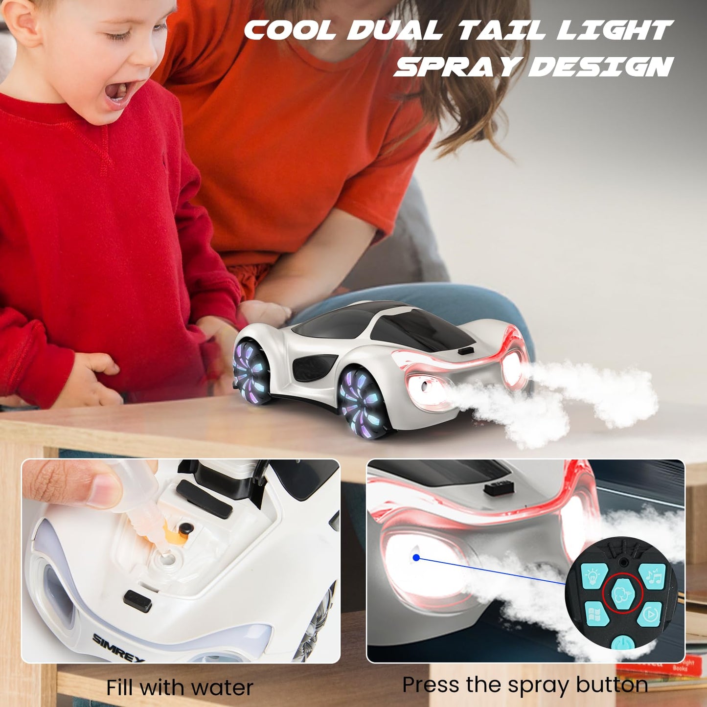 SIMREX Gesture Sensing Remote Control Car with Charging Dock - 360° Rotate Drift RC Stunt Car Toy, 40 Min Playtime, Dual Control, Spray Mist & LED Lights, Birthday Gift for Kids Boys Girls（White）