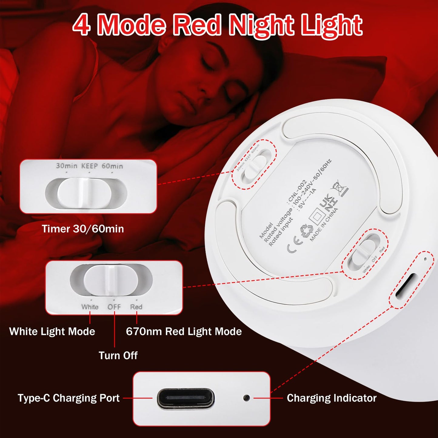 Streamlet 670nm Red Light Night Light for Sleep with Timer, Rechargeable, Dimmable, Sleep Aid Lamp Blue Light Blocking for Improve Sleep, Deep Relaxation, Meditation, Yoga