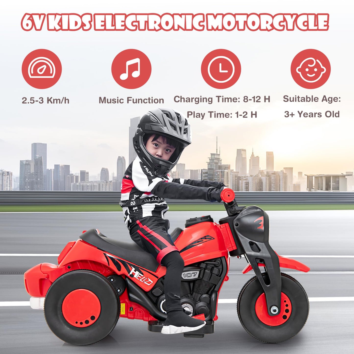 OLAKIDS Kids Motorcycle, 6V Electric Ride On Car with Automatic Bubble Function, Foot Pedal, Headlight, Music, 3 Anti-Skip Wheels Vehicle for Children, Toddler Ages 3+