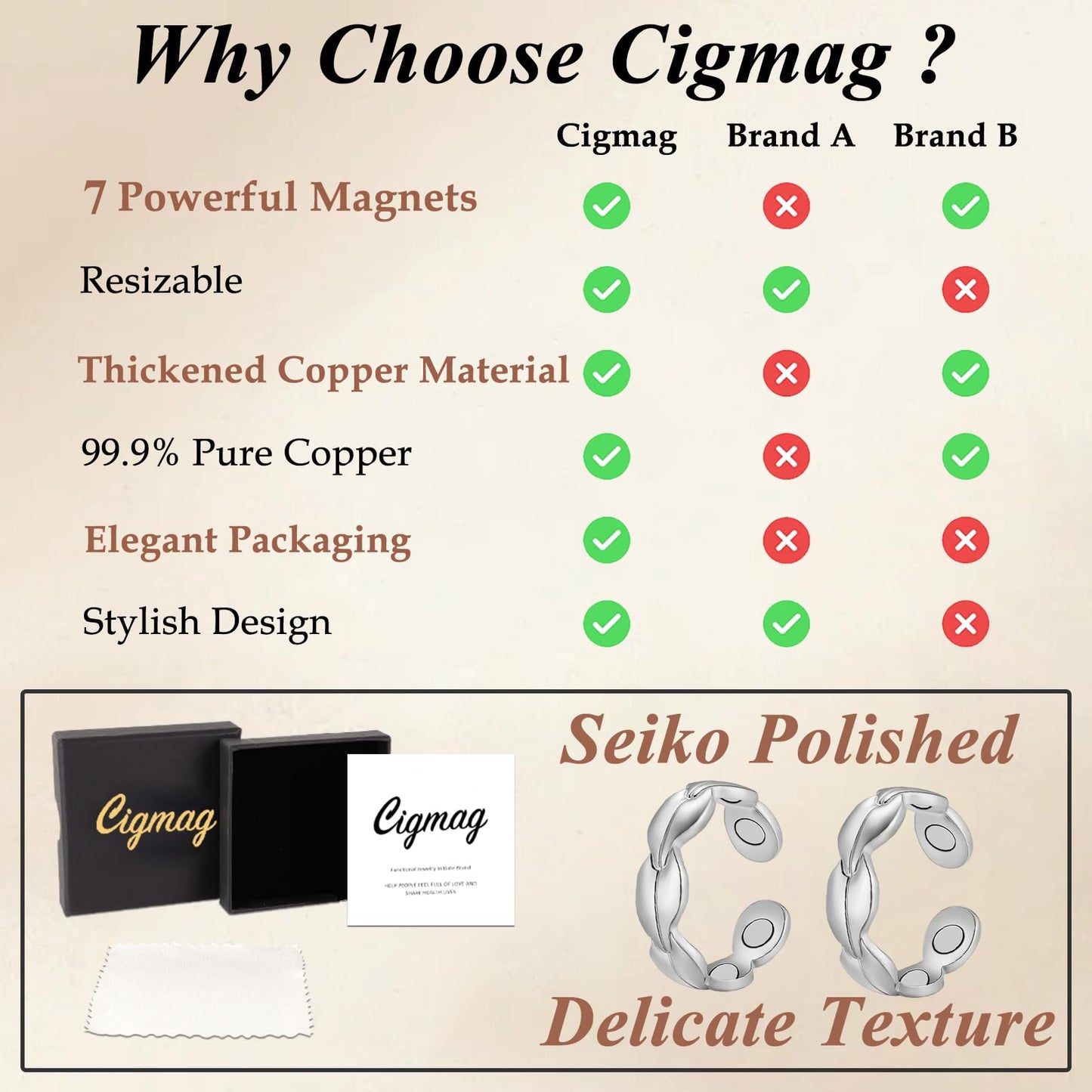 Cigmag 2PCS Copper Rings for Women Adjustable Solid Pure Copper Ring with Present Box