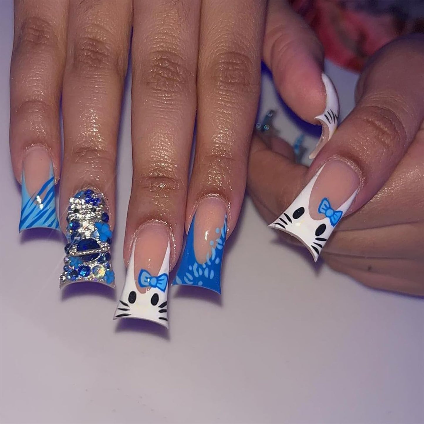 IMSOHOT Blue Press on Nails Gel Duck Fake Nails Handmade Y2K French False Nails Tips with Kitten Diamonds Designs Glossy Duckbill Nails for Women and Girls