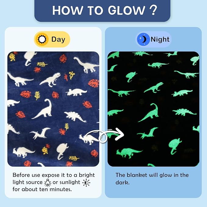 SOCHOW Glow in The Dark Throw Blanket 50 x 60 Inches, Jurassic Dinosaur Pattern Soft Cozy Flannel Fleece Blanket for Sons Daughters, All Seasons Navy Blue Presents Blanket for Preteens Teens