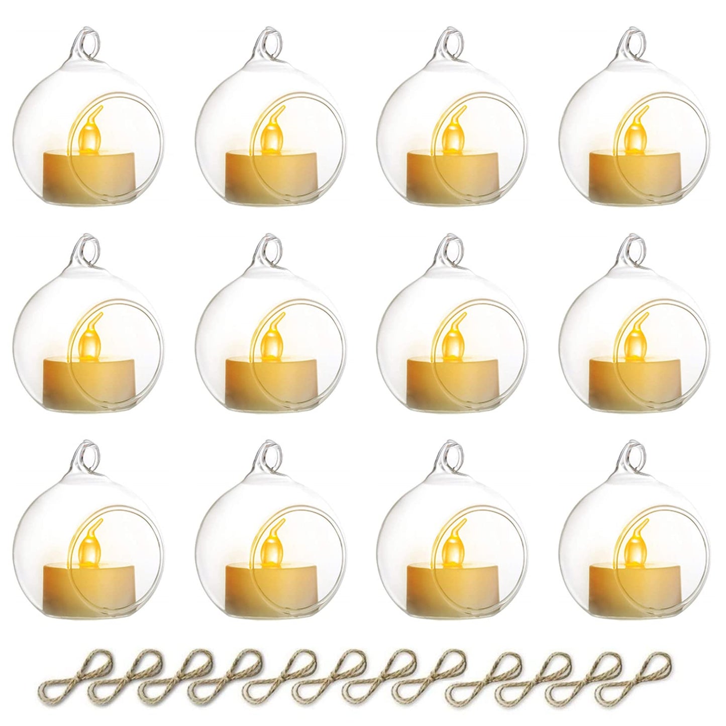 NUPTIO Hanging Glass Globe with Candles: Set of 12 Tealight Candle Holders with LED Tea Lights - 2.36 inch Bulk Clear Votive Candleholders for Party Wedding Birthday Shower Celebration Tree Decoration