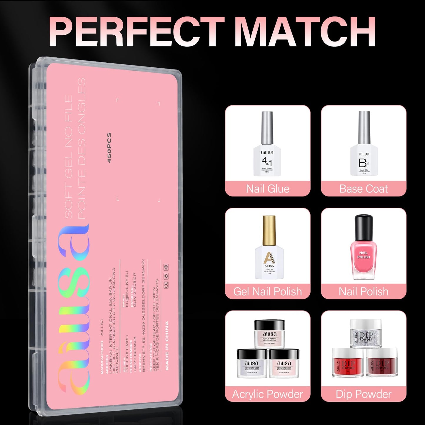 AILLSA Medium Coffin Nail Tips 450PCS Full cover Double-sided Matte Gel Stronger Adhesion Pre-Shaped Press on Nail Tips for Home DIY Nail Arts Salon 15 Sizes