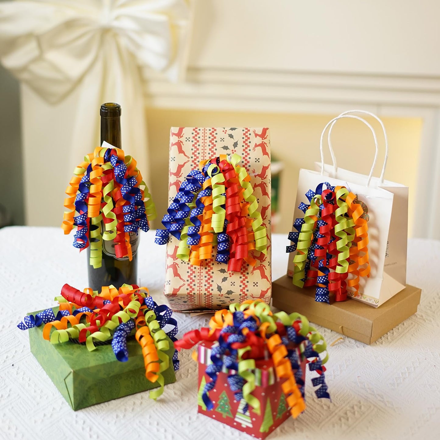 Lakkity 12Pcs Bows for Gift Wrapping, 6 Inch Curly Ribbon Bows, Self Adhesive Burst Gift Bow for Presents,Paper Bag, Baby Shower Favors, Wrapping Accessories, Wedding Decor (Green Orange Red)