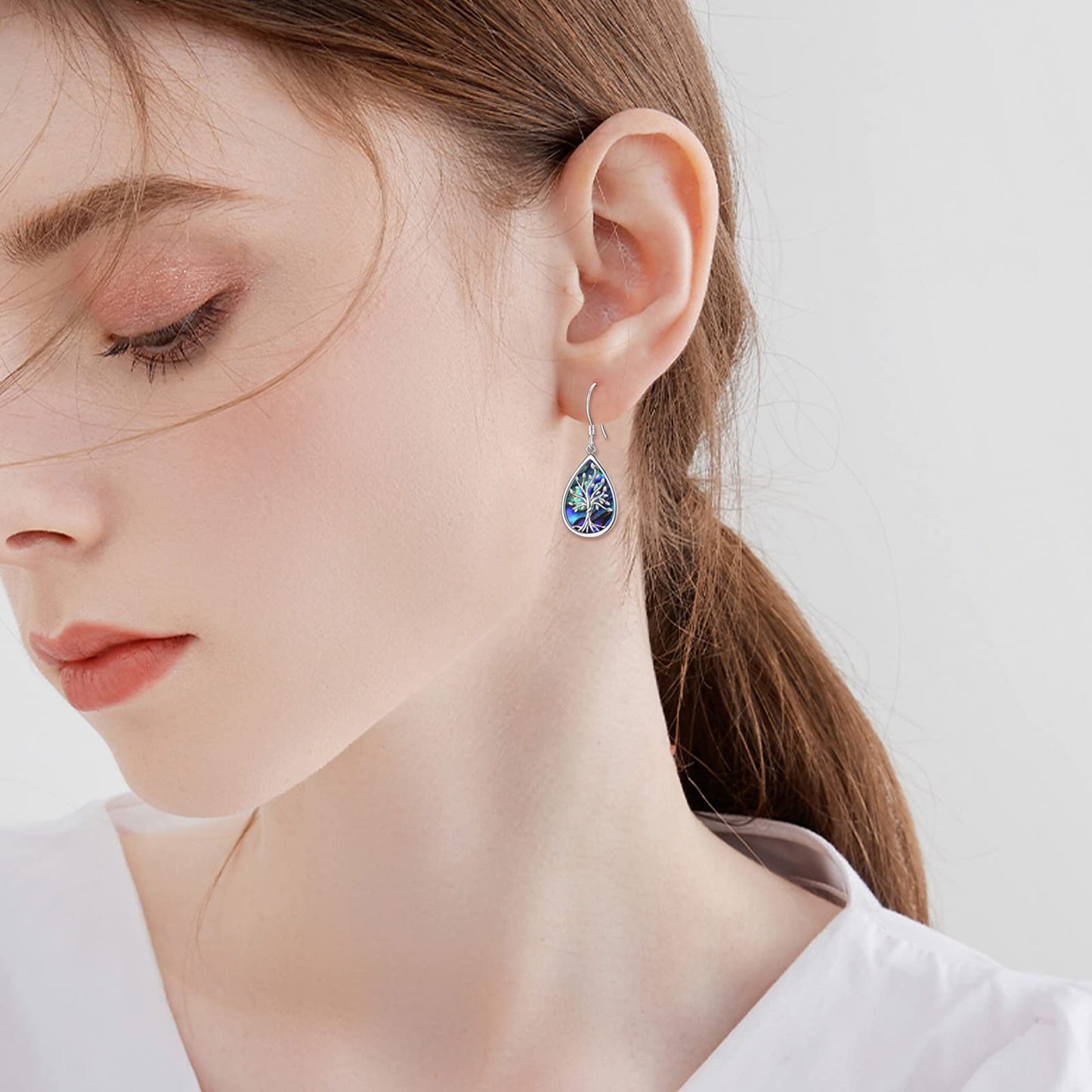 POPLYKE 925 Sterling Silver Tree of Life Earrings for Women Teardrop Abalone Earrings Dangle Tree of Life Jewelry