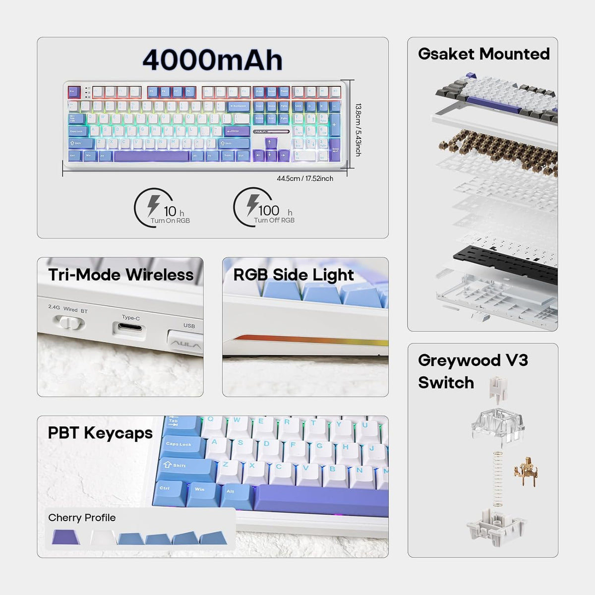 EPOMAKER Aula F108 Wireless Gaming Keyboard, Full Size Mechanical Keyboard with 4000mAh Battery, 108 Hot-Swappable and Programmable Keys, RGB Backlight, for Mac/PC/Android (White&Blue)