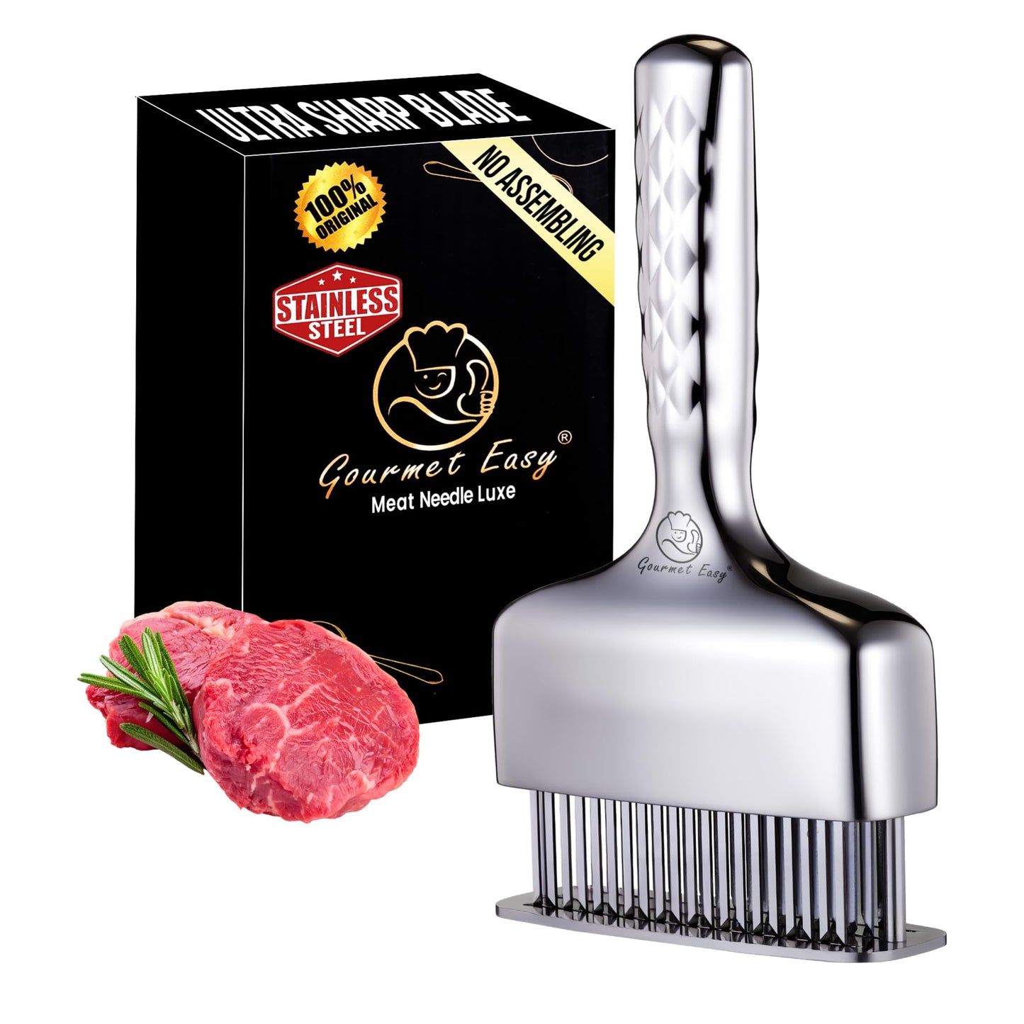 Meat Tenderizer Tool, Stainless Steel Blade Tenderizer for Meat – Extra Long Handle, Rustproof One-Piece Meat Tenderizer Mallet & Hammer, Steak Cooking Accessories, No Assembly Needed, 5-Year Warranty