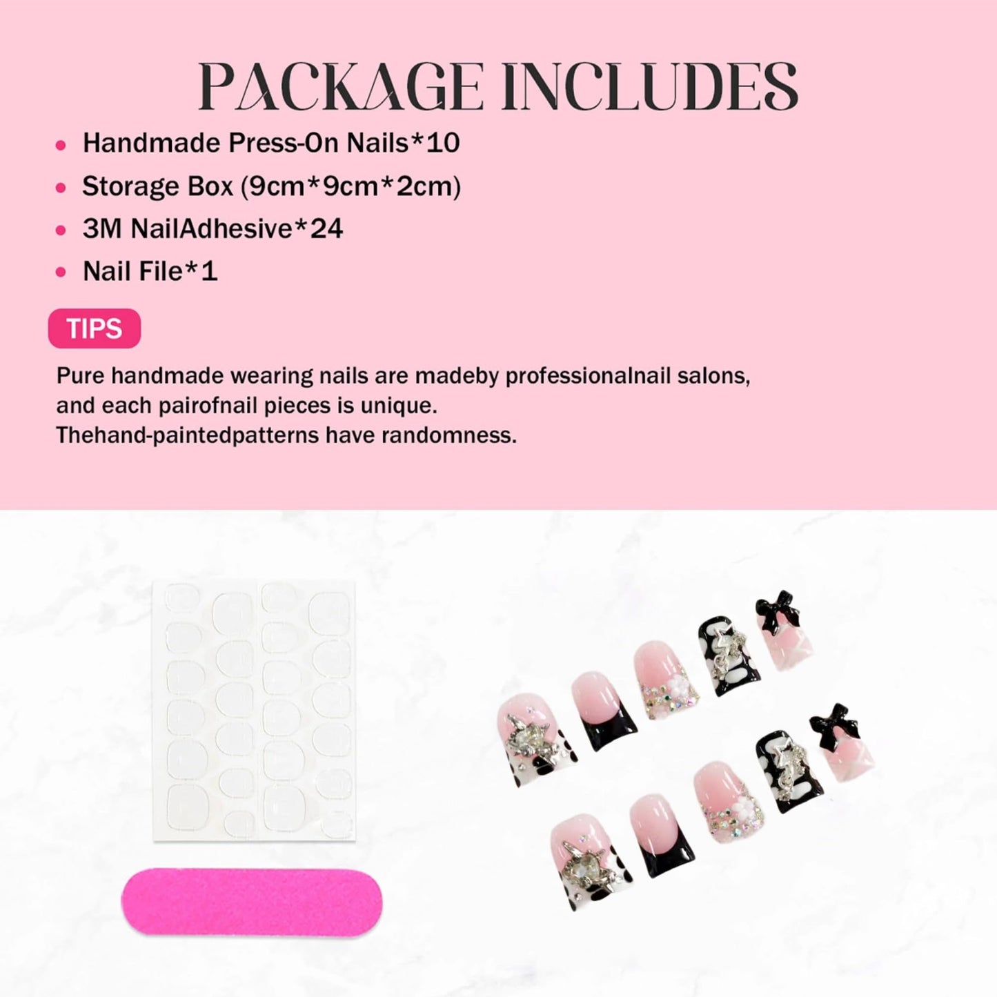 Handmade Duck Press on Nails Medium Fake Nails Black French Tip Press on Nails with 3D Bow Rhinestone Design Multi Gel Acrylic False Nails Luxury Duck Nails Press ons for Women Manicure 10Pcs(Size M)