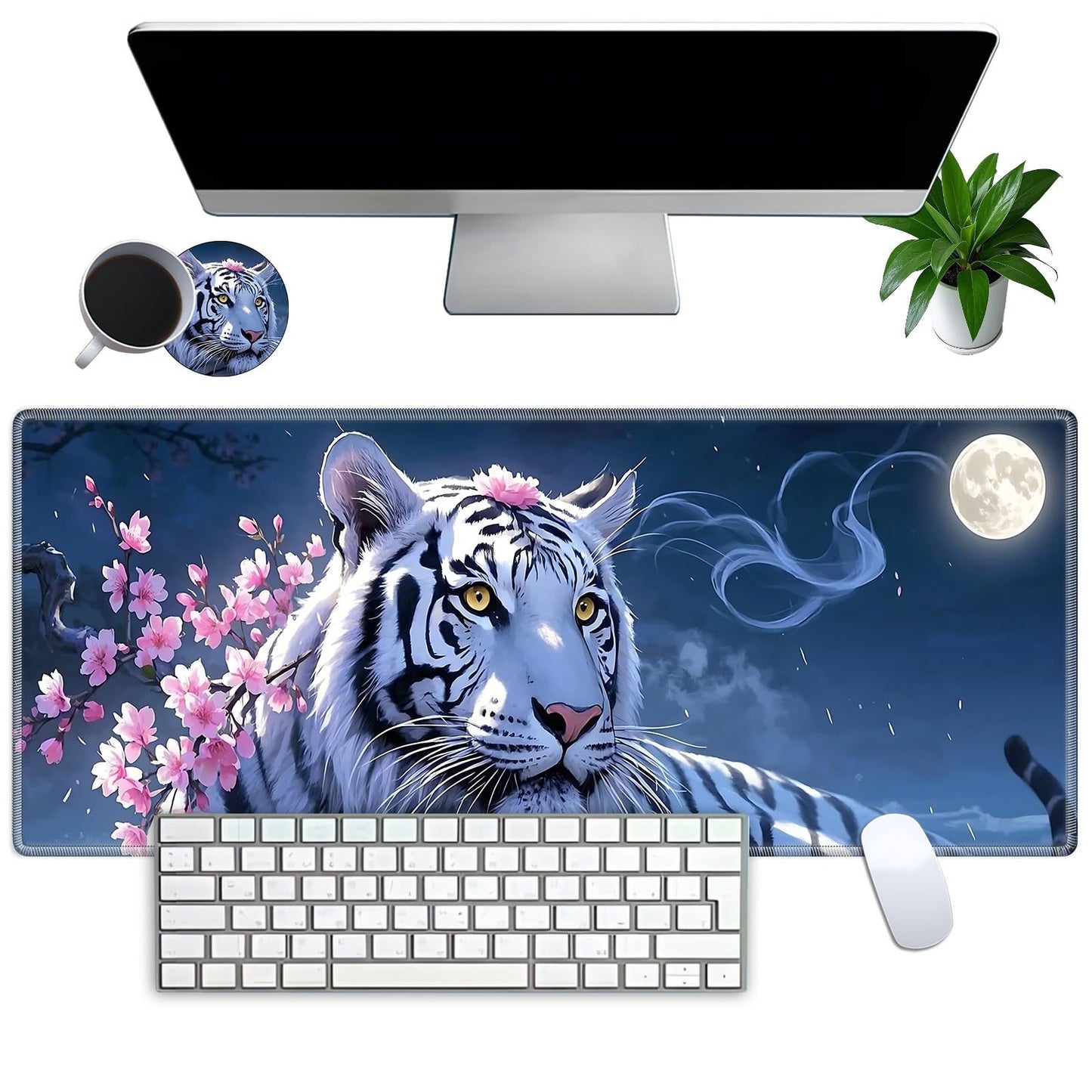 XL Large Gaming Mouse Pad 31.5x11.8 inch + Coasters -Extended Desk Pad Mat with Stitched Edges, Non-Slip Rubber Base, Black Computer Mousepad for Laptop, PC, Office & Home,White Tiger Flower