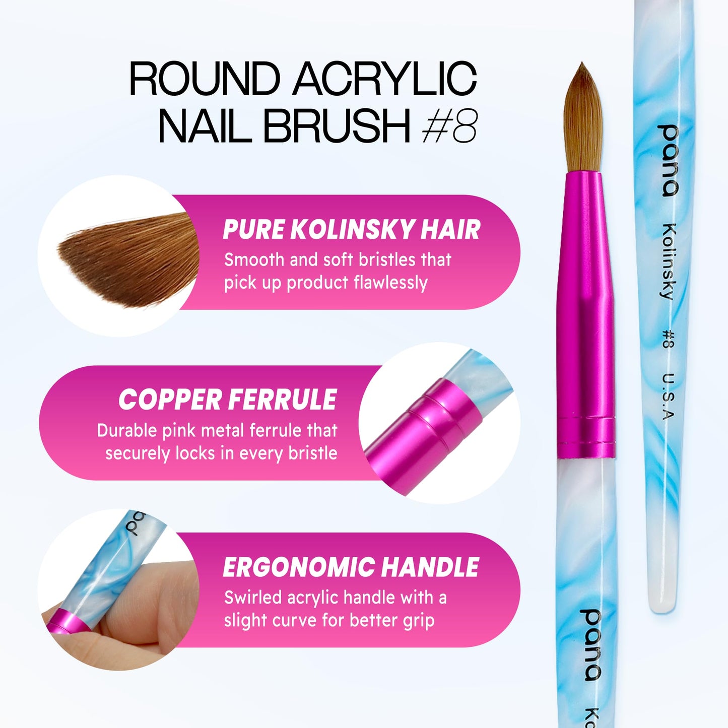 PANA USA Acrylic Nail Brush Pure Kolinsky Hair Acrylic White Swirl Blue Handle with Pink Ferrule Round Shaped - Size 8