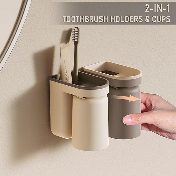 Toothbrush Holder Wall Mounted with Cup,2-in-1 Toothbrush Holders & Cups Set,Inverted Design for Easy Cleaning and draining,Stick-on Toothbrush Holder for Bathroom (Beige+Coffee)