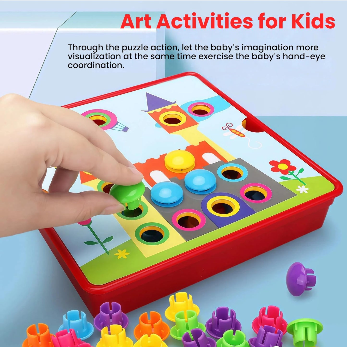 TINOTEEN Button Art Toy for Toddlers,Toddler Activities Crafts Color Matching Early Learning Educational Mosaic Pegboard 50 Buttons and 18 Pictures