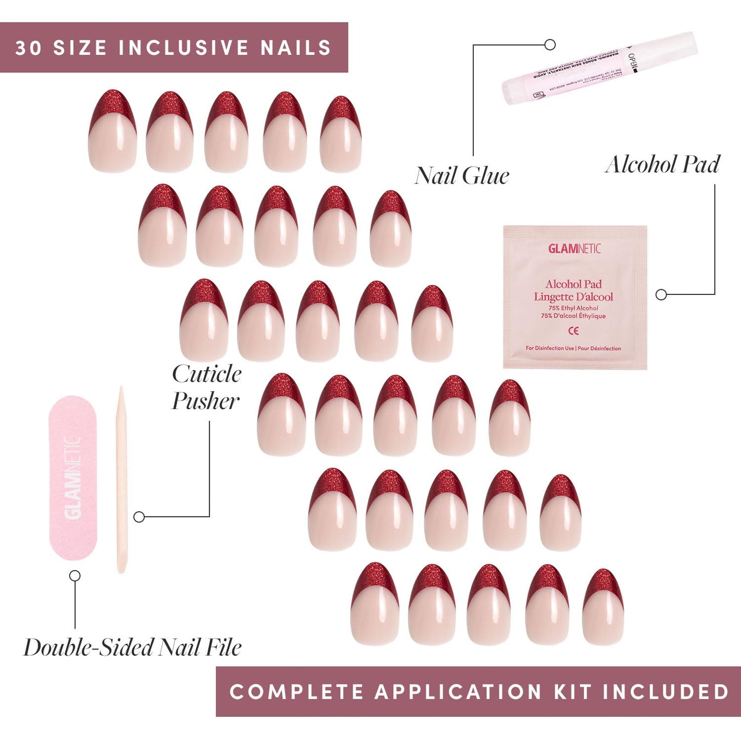 Glamnetic Press-On Nails Bundle - Red Affair & Cherry Glaze | Short Almond Red Glitter French Tip Nails with a Glossy Finish | Short Round Cherry Red Nails with a Glazed Finish | Reusable, Salon-Quali