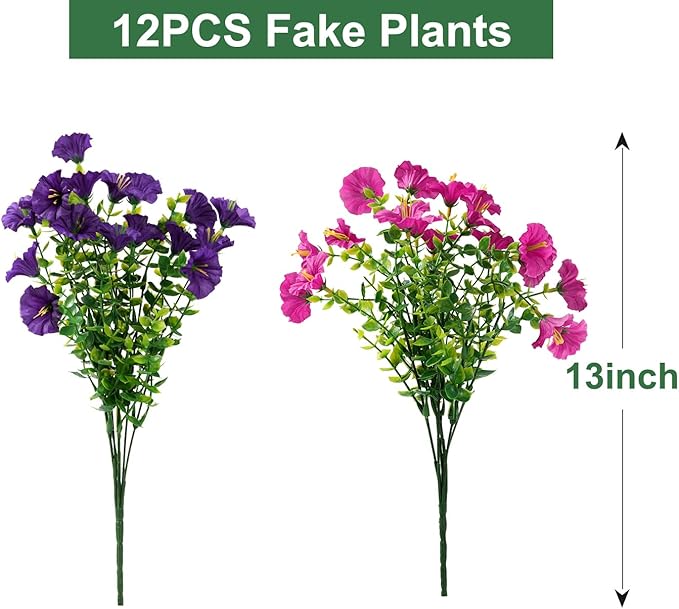 Artificial Flowers for Outdoors, UV Resistant Fake Silk Morning Glory, Realistic Faux Plants for Outside Porch Patio Window Box Hanging Planter (12, Purple Fuchsia)