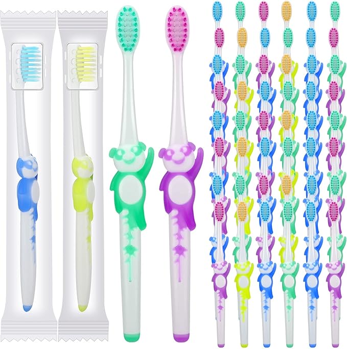 Bokon 300 Pcs Toothbrush for Kids Individually Wrapped Children Soft Disposable Manual Toothbrush Bulk Panda Travel with Bristle Rubber Handle for School Daycare Oral Hygiene