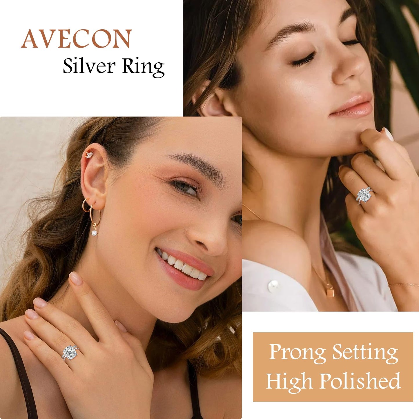 AVECON 5CT Elongated Cushion Cut Engagement Ring Set for Women, Wedding Promise Cubic Zirconia Band, White Gold Plated Stackable Adjustable Bridal Half Eternity Open Rings, Size 6