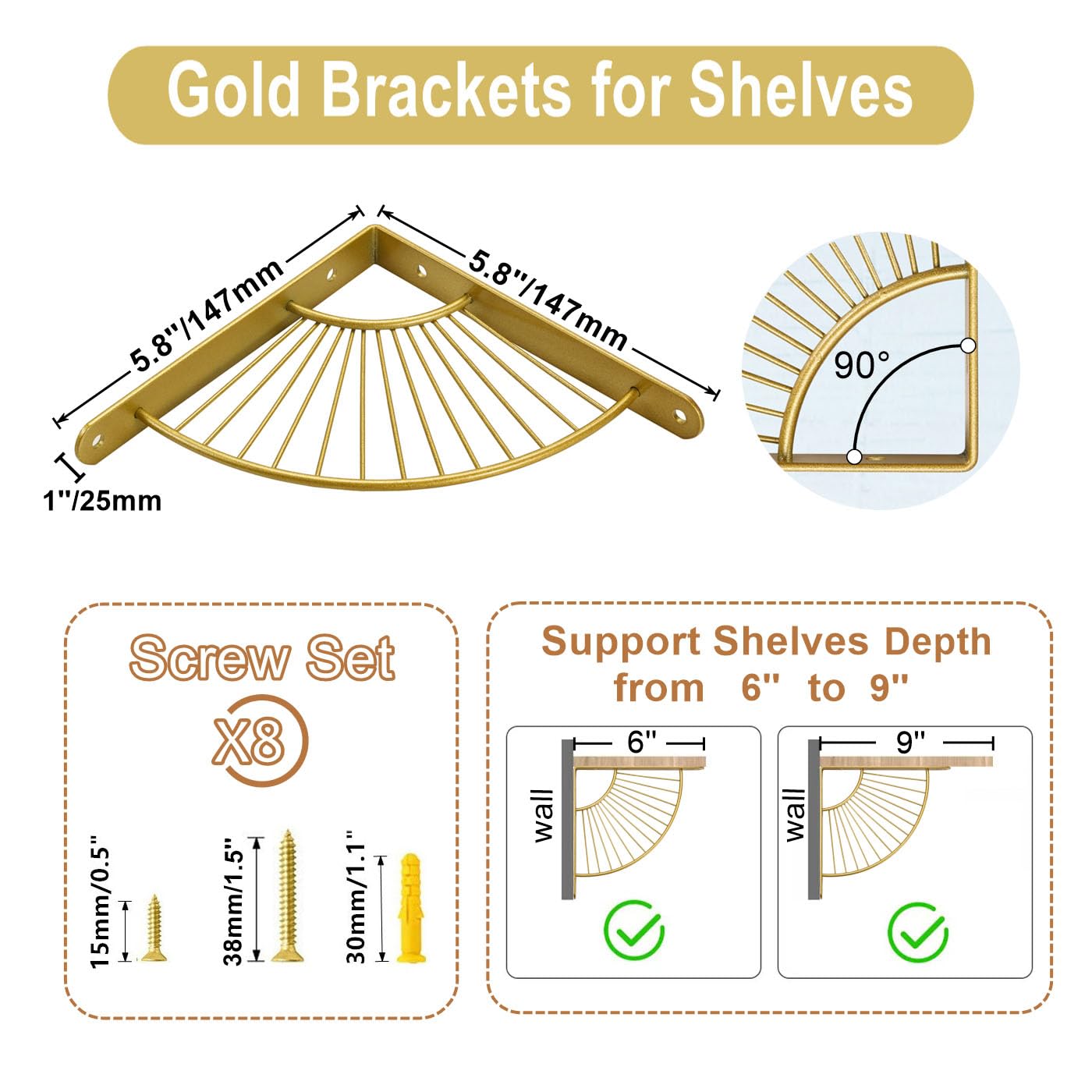 Z METNAL Decorative Shelf Brackets, Brass Metal Shelves Bracket, Wall Decor, Modern Shelving Bracket for DIY Floating Shelves,Gold,6 inch,4 Pcs