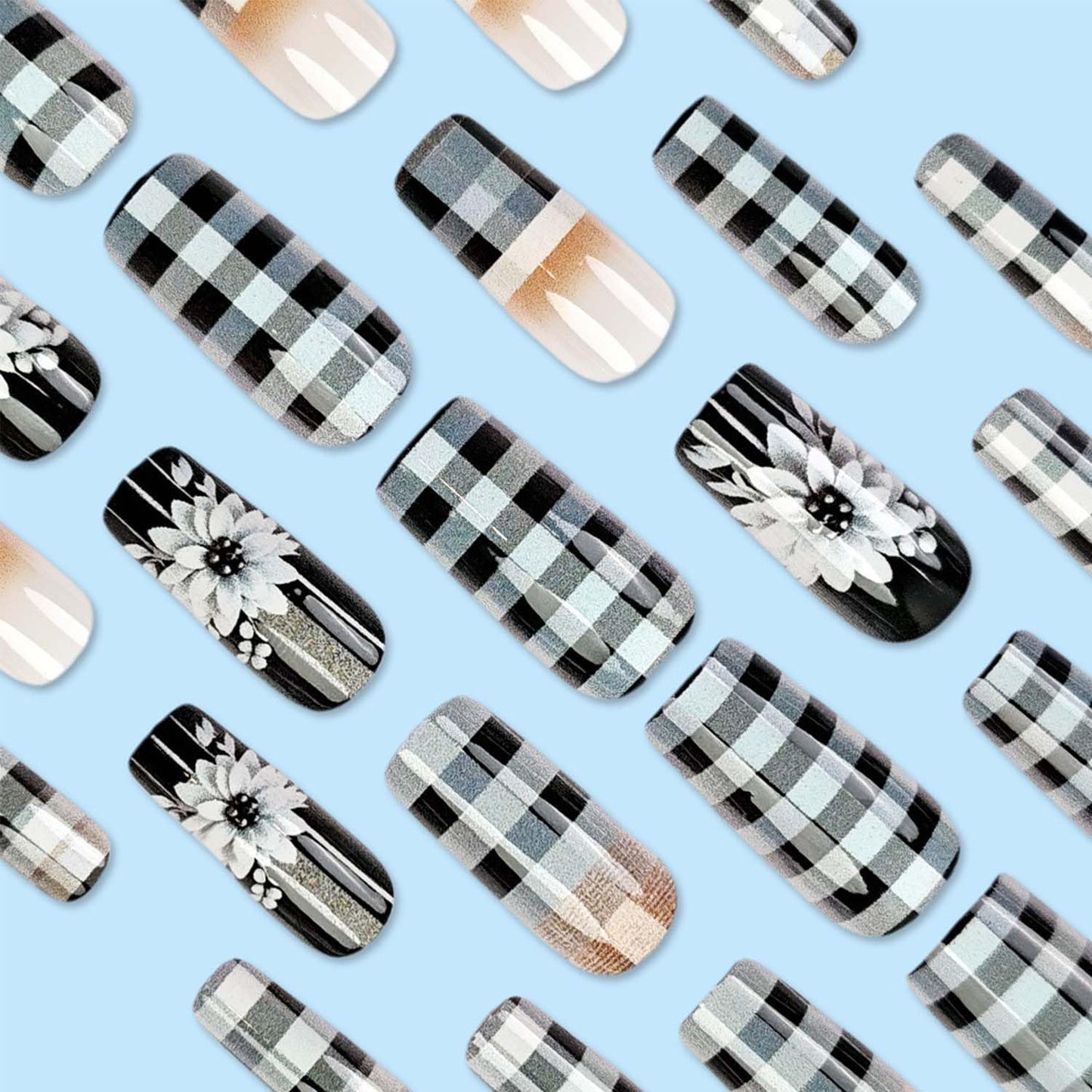 Square Press On Nails Medium Fake Nails Flower With Plaid Design Black False Nails Spring Acrylic Nails Full Cover Ombre Glue On Nails Artificial Nails Glossy Stick On Nails For Women Manicure 24pcs