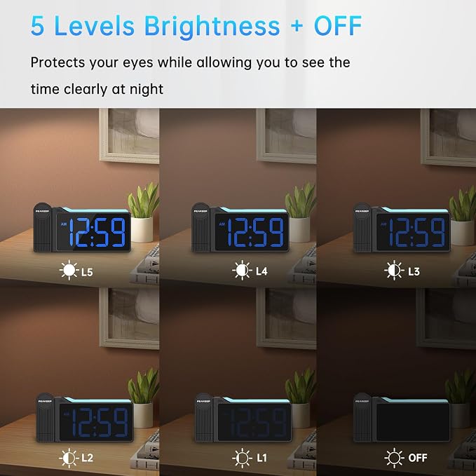 Peakeep Projection Alarm Clock for Bedroom Ceiling with Colorful Nightlight