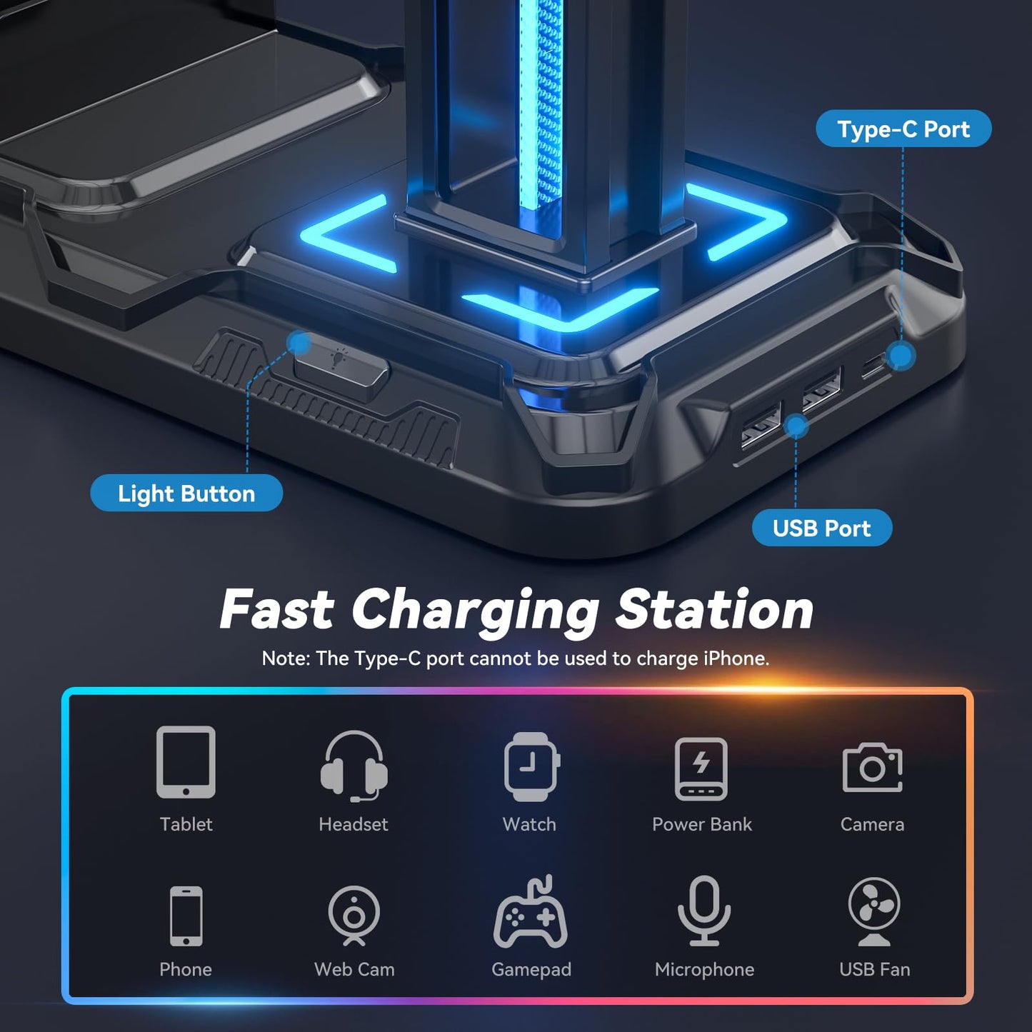 KDD Headset Stand with Charging Station - Detachable Controller Holder with 9 Light Modes - Rotatable Headphone Hanger with USB A&C Charger Ports - Earphone Hook for PC Gaming Accessories Storage