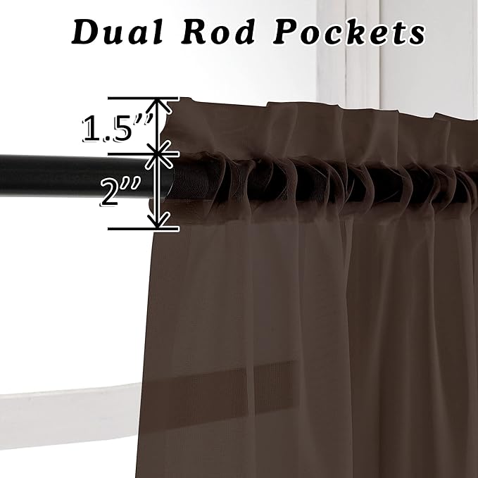 OVZME Chocolate Brown Sheer Curtains 45 Inches Long 2 Panels, Light Filtering Sheer Curtains for Bedroom, Elegant Airy Draperies for Living Room Nursery Room, Dual Rod Pocket, Each 42Wx 45L