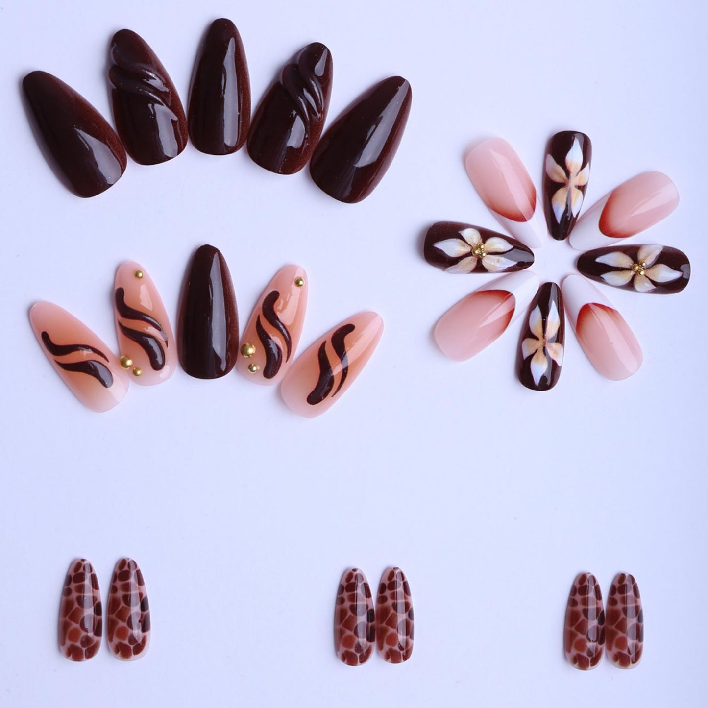 SEENEEY Long Press on Nails Almond Fake Nails Brown Artificial Nail 3D Floral Designs Tortoise Shell Stick on Nail for Women 24pcs