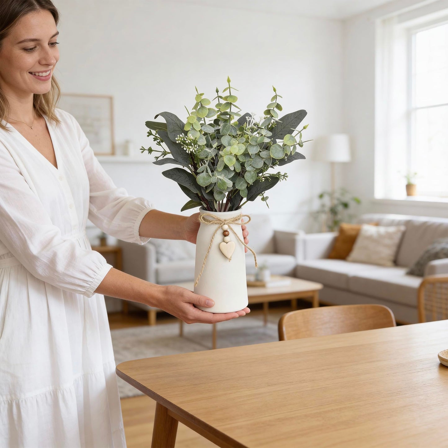 Artificial Silver Dollar Eucalyptus Stems in White Ceramic Vase, 14" Tall Faux Eucalyptus Picks with Twine Bow & Wooden Heart Charm, Full Greenery for Home Decor, Table Centerpiece, Shelf & Office