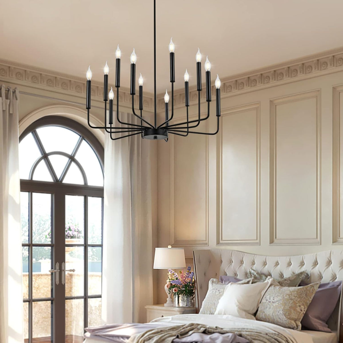 Modern Black Farmhouse Chandeliers, 12-Light Industrial Metal Chandelier Lighting, Classic Candle Hanging Pendant Light Fixtures for Living Room, Dining Room, Kitchen, Bedroom, Entryway