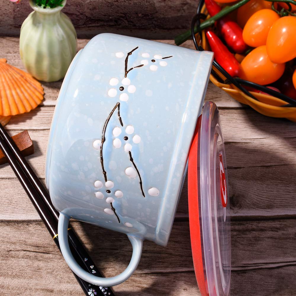 Whitenesser Asian Porcelain Noodle Bowls with Lid Japanese Style Microwavable Ceramic Ramen Bowl with Lid (Blue)