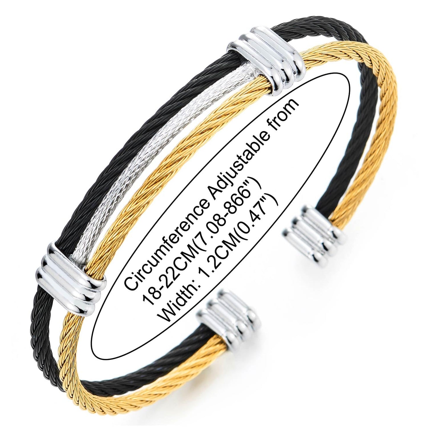 COOLSTEELANDBEYOND Men Women Stainless Steel Twisted Cable Adjustable Cuff Bangle Bracelet Black Gold Silver
