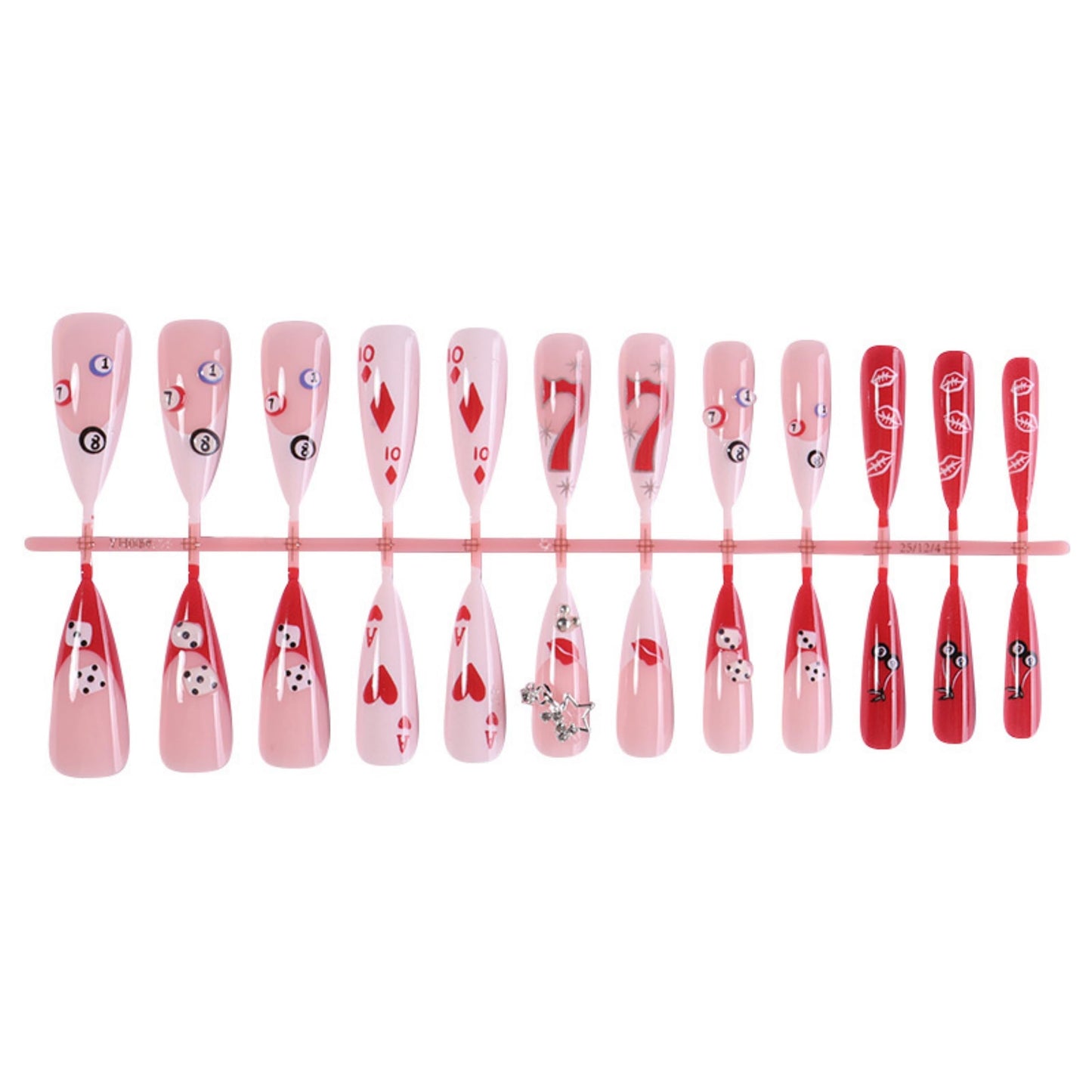 Stiletto Press on Nails Long Fake Nails Red Acrylic Nail Press ons Seeneey Poker Seven Designs Silver Charm Stick on Nail for Women 24pcs