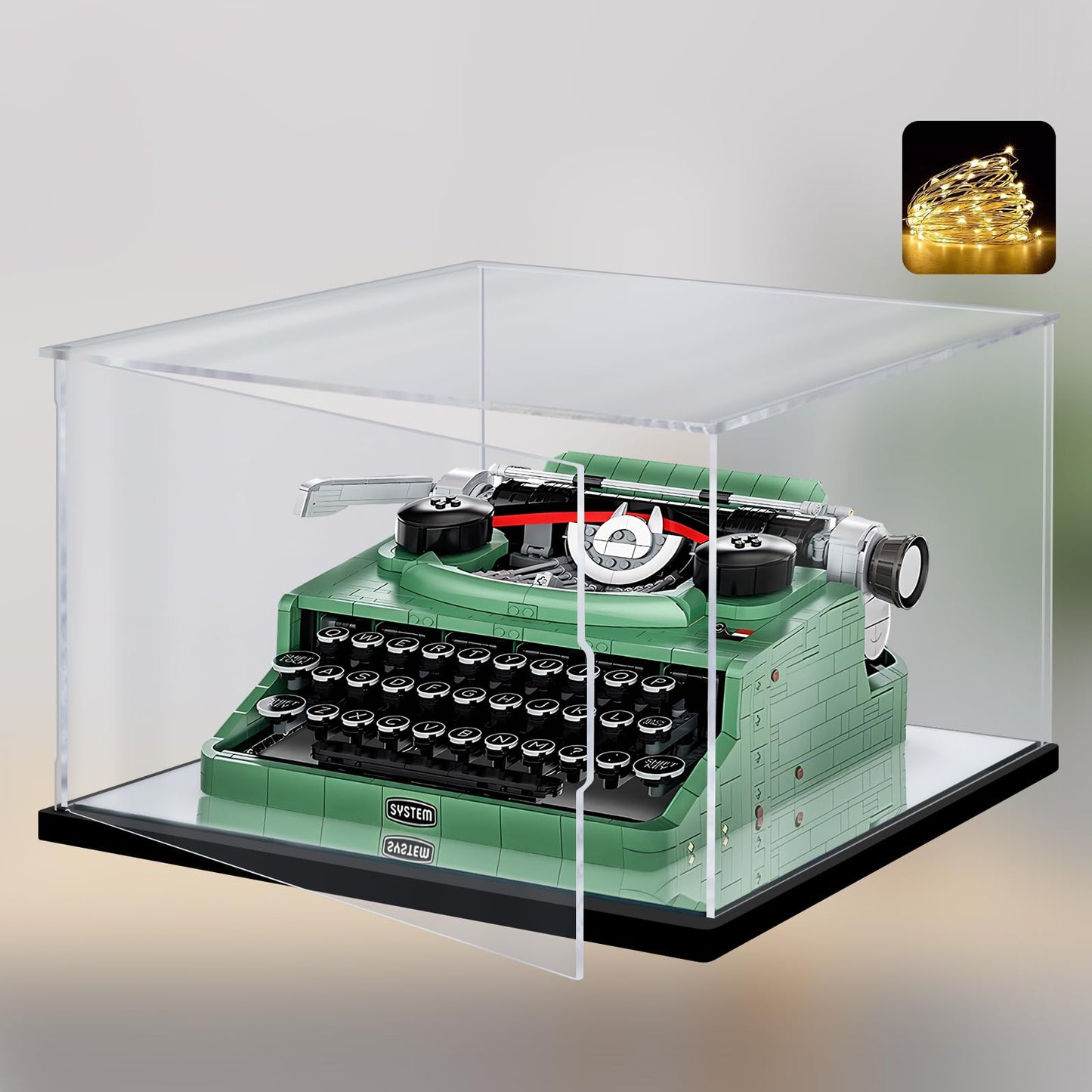 Premium Clear Acrylic Display Case with LED Lights – Dustproof & UV-Protected Showcase for Lego 21327 Typewriter(13.8"x11.8"x7.9"inch)