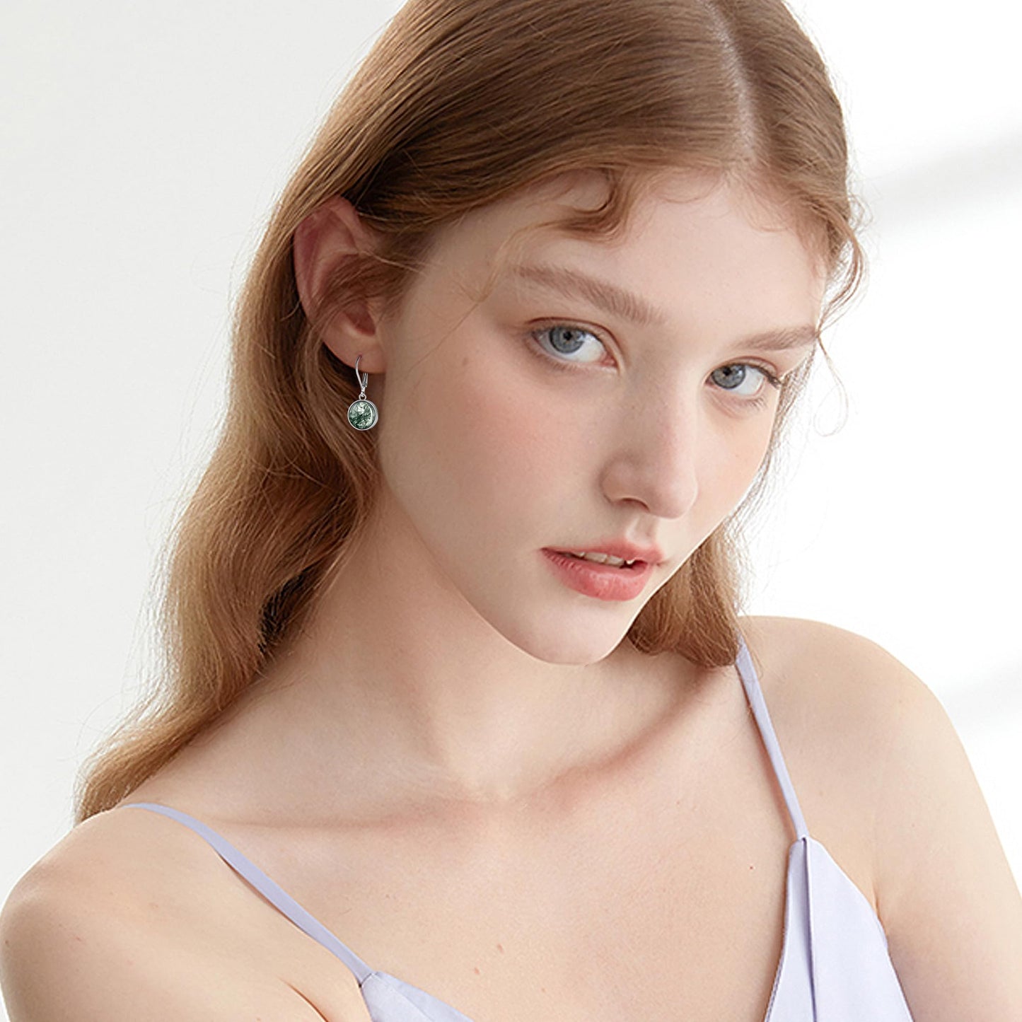 TALYKONG Moss Agate Earrings - Round Moss Agate Dangle Leverback Earrings for Women