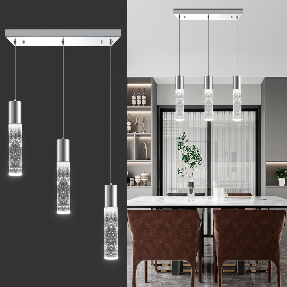 OKELI 3-Light Dimmable LED Pendant Lighting for Kitchen Island, 18W 1350LM Modern Crystal Bubble Island Light Fixture, 6000K Cool White, Adjustable Electro-Chrome Fixture, Easy Install, Square