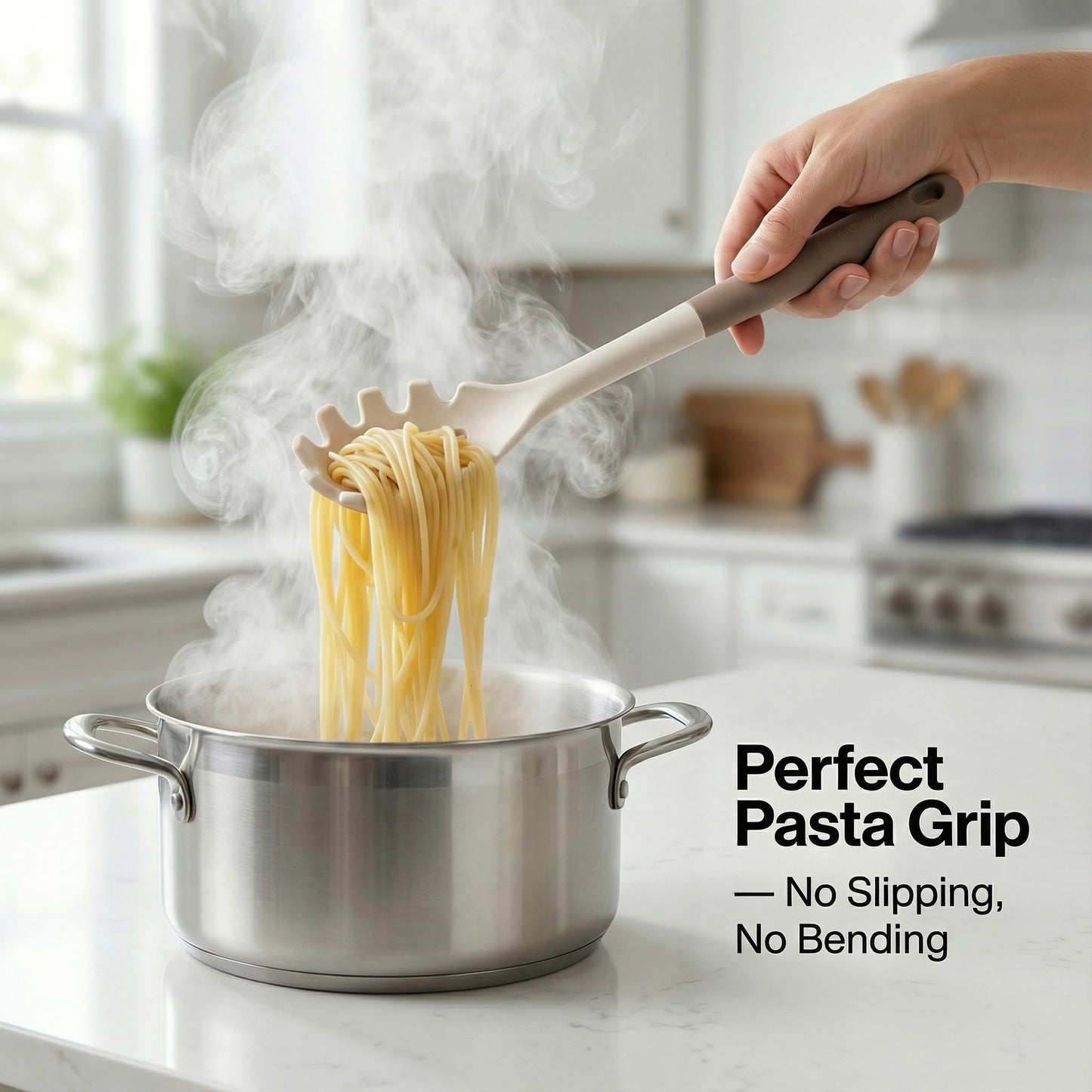 Nexhank Silicone Kitchen Utensils Set, 6-Piece NON-PLASTIC 500°F Heat-Resistant BPA-Free Dishwasher Safe Cooking Tools with Upgraded Spatula,Turner Ladle Skimmer Pasta Fork Scraper, Cream White &Mocha