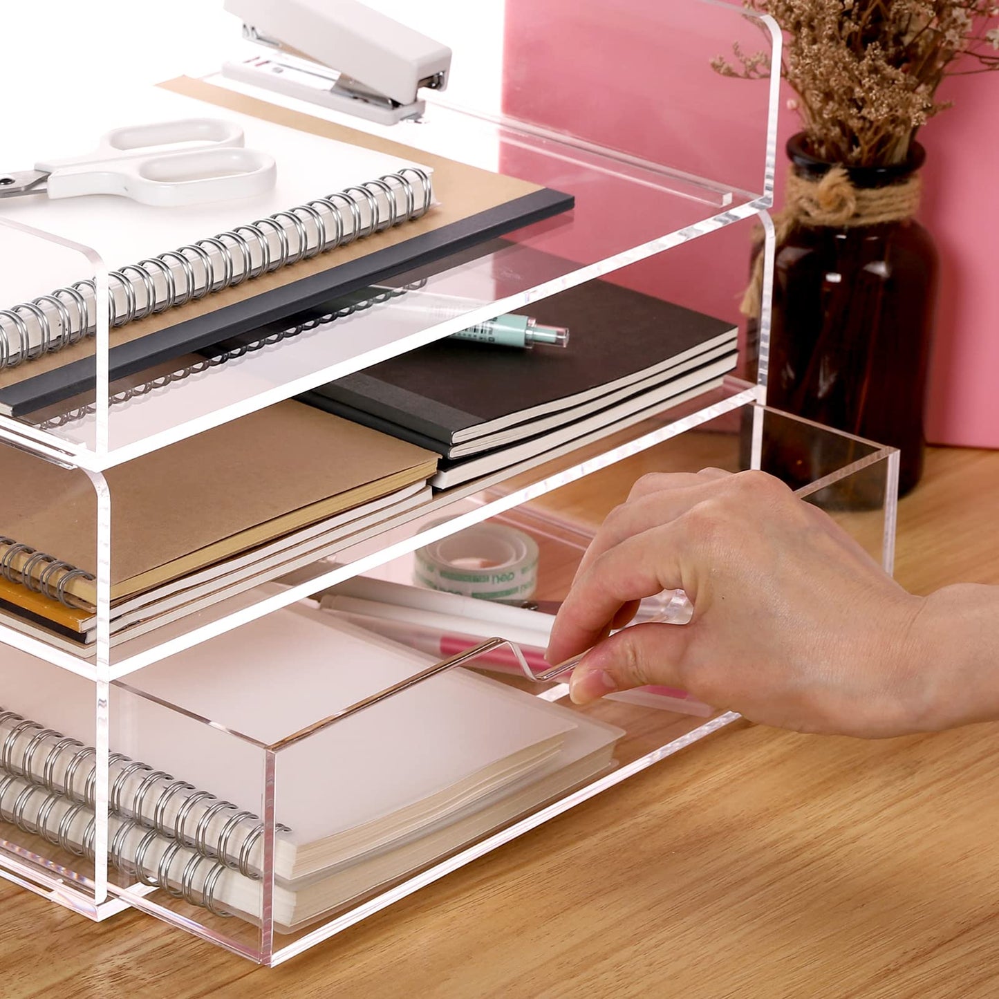 SANRUI 2-Tier Paper Letter Tray Organizer with Sliding Drawer,Stackable Desk Organizer,Acrylic Paper Tray for Office,Home or School,Clear