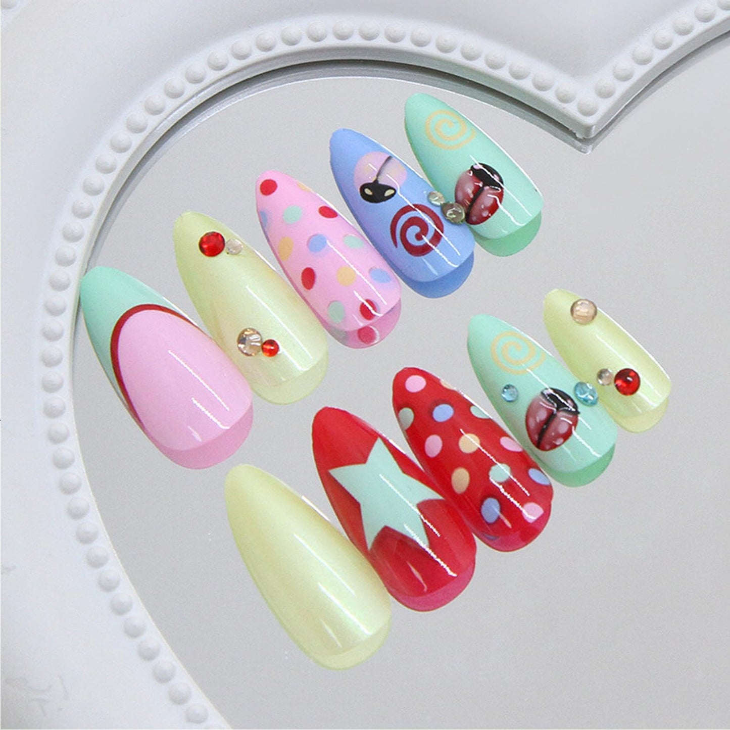 IMRAIN Press on Nails Medium Almond Fake Nails Colorful Acrylic Nail Kit - Polka Dot, Ladybug, Star Designs | Artificial Glossy Glue on False Nails Cute DIY Nail Art