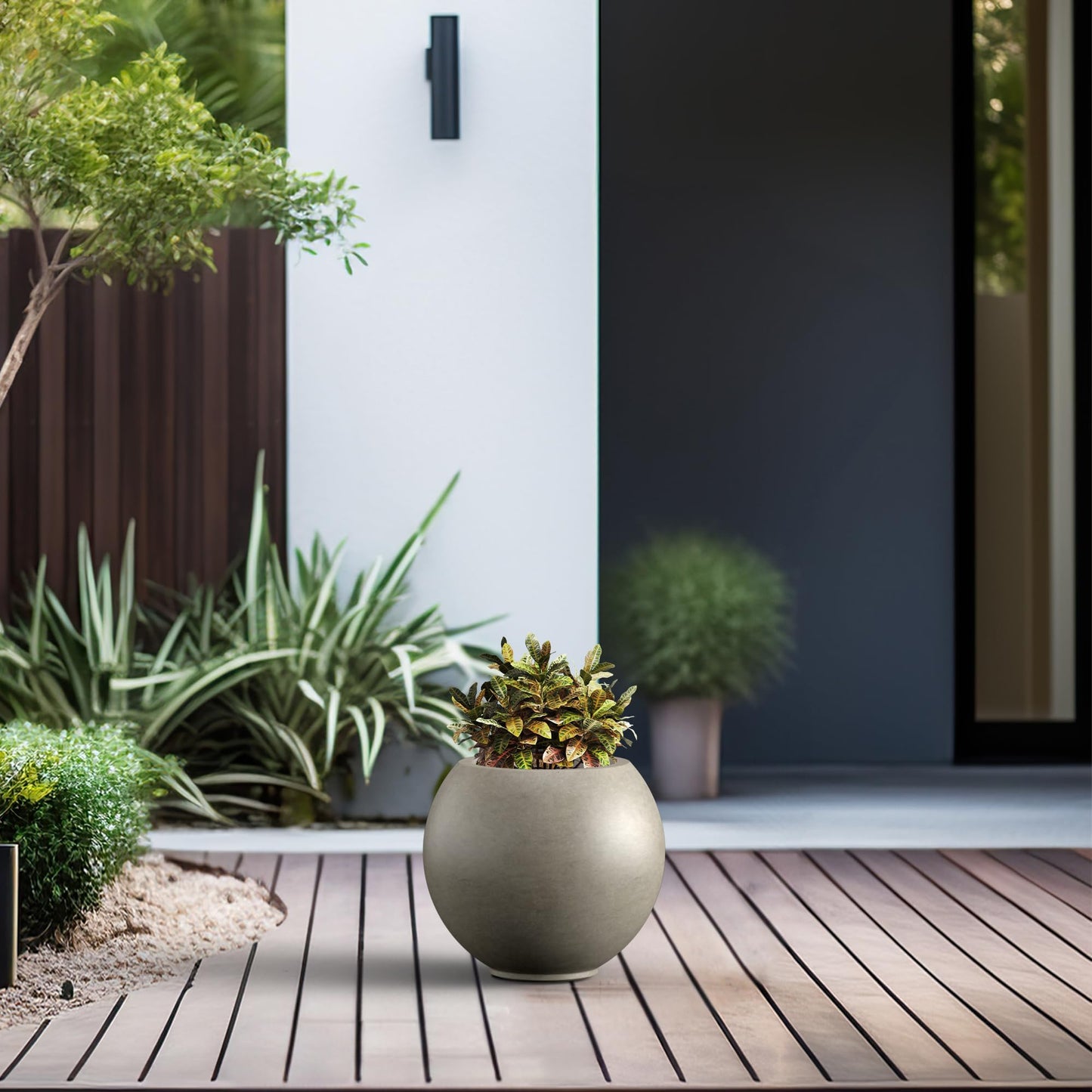 Kante Round Concrete Flower Pot, 11 Inch Dia (7.9" Opening) Sphere Shape Design Planter with Drainage Hole for Indoor & Outdoor Plants, Weathered Concrete Finish with Painted Interior