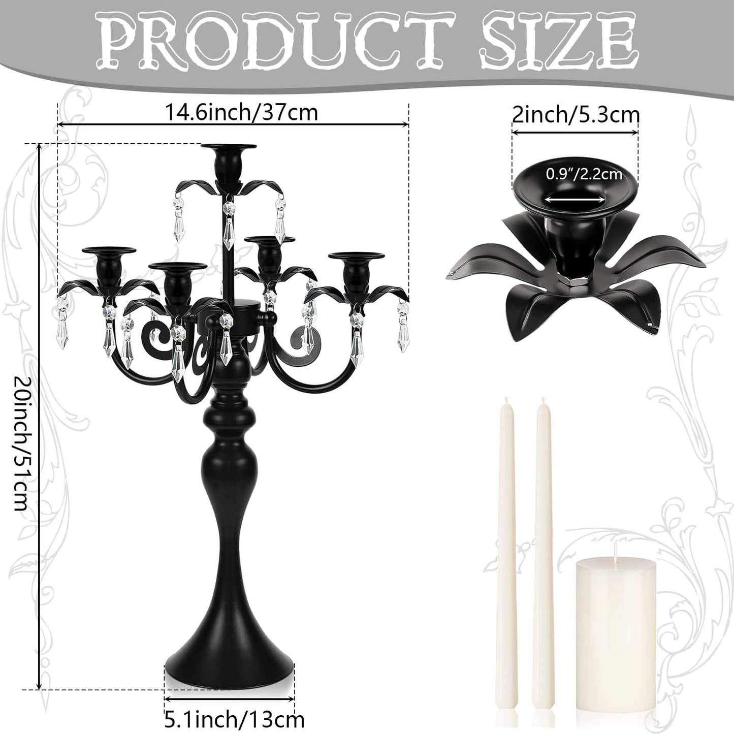 20''Tall Black Crystal Pendant Taper Candle Holders/Stylish Candle Stands/Candlesticks Holder/Candelabra for Home Decor, Weddings/Parties/Elegant Dining Table Centerpiece (1, Black)