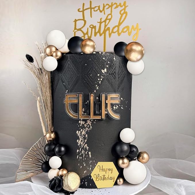 48Pcs Balls Cake Toppers Man Cake Decorations with Black Gold White Balls Acrylic Numbers 0-9 and Happy Birthday Cake Insert Toppers for Men Boy Black Theme Birthday Wedding Anniversary Party Supplies