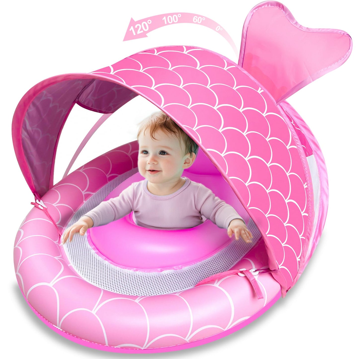 Baby Float with Canopy for Age 6-36 Months, UPF50+ Sun Protection 4 Stage Adjustable Canopy Dual Air Chambers Adjustable Safety Seat Inflatable Swim Pool Float for Baby Toddler